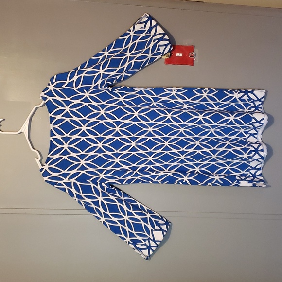 Crown & Ivy Midi Dress with 3/4 Sleeves Colors: Blue Dress with White/ Black Geo - Picture 6 of 6